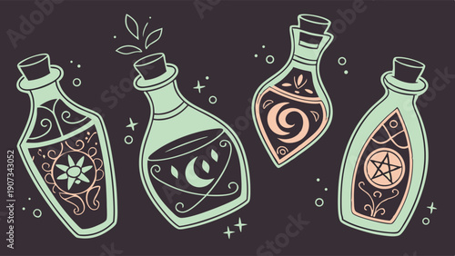 Mystical Potion Bottles with Magic Symbols for Witchcraft, Alchemy, Occult Design, Fantasy Game Assets, or Apothecary Branding Projects