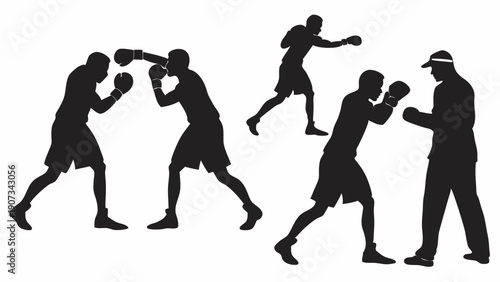 Silhouetted Boxers Training with Coach for Fitness Competition or Sports Website Design Dynamic Action
