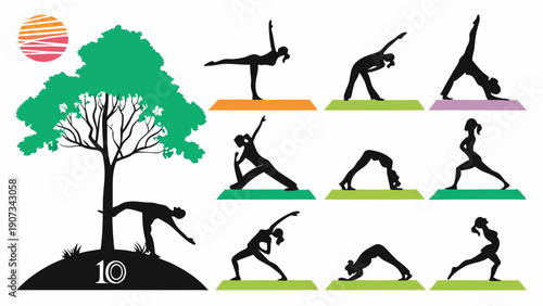 Diverse Silhouettes Practicing Yoga Poses Outdoors for Wellness Websites Fitness Apps Health Promotion Materials Calm Energy