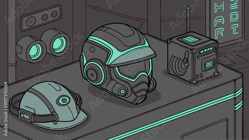 Futuristic Sci Fi Helmet and Gear Display for Gaming VR Tech Development or Cyberpunk Security Workstation Setup