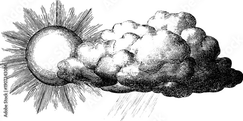 Vintage botanical engraving of weather transition from sun to clouds