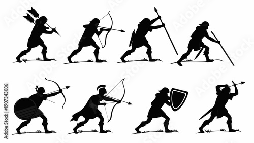 Ancient Warrior Silhouettes Set Archery Spear Combat Action Poses for Historical Game Design and Fantasy Illustration Projects