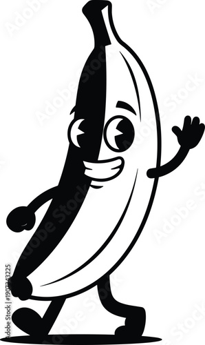 Cartoon banana character walking pose, funny fruit mascot illustration, anthropomorphic design with arms and legs, playful food artwork, creative graphic