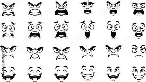 Cartoon facial expressions grid, emotional character silhouettes, expressive faces artwork, happy sad angry designs, creative illustration set, animation emotion graphics
