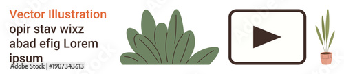 Media design, digital content, modern aesthetics, nature , minimalism, multimedia concepts. A rectangular play button icon alongside a potted plant and leafy shapes. Media design and digital content