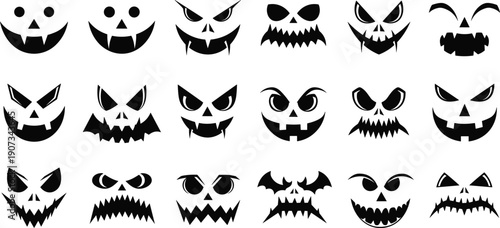 Halloween pumpkin face silhouettes grid, spooky jack o lantern artwork, creepy funny expressions design, holiday decoration illustration, festive graphic concept