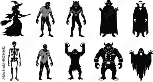 Halloween horror character silhouettes set, witch zombie vampire werewolf, spooky monster artwork, creepy ghost skeleton design, folklore illustration, fantasy graphic concept