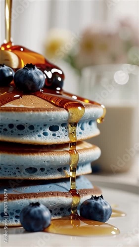 Stack of Vibrant Blue Pancakes with Maple Syrup and Fresh Blueberries in Cinematic Light