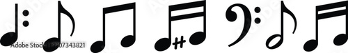 Musical notation symbols set, eighth notes bass clef sharp sign artwork, rhythm composition illustration, music theory design graphic concept