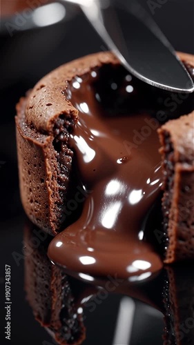 Decadent Chocolate Lava Cake with Molten Center Flowing on Glossy Surface