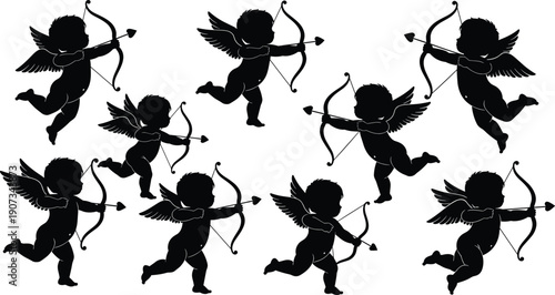 Romantic cupid silhouettes with bows, flying cherubs aiming arrows, love symbol illustration, Valentine’s Day design, heart arrow artwork, romance concept