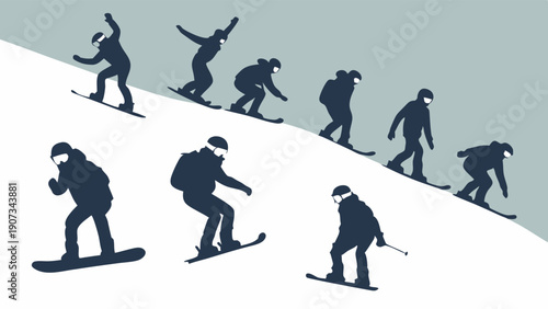 Dynamic Snowboarder and Skier Progression Sequence Winter Sports Action for Extreme Sports Web Design and Seasonal Advertising