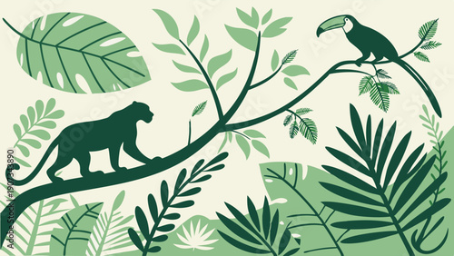 Jungle Safari Wildlife Scene with Panther and Toucan for Nature Travel Web Design or Eco Friendly Product Branding