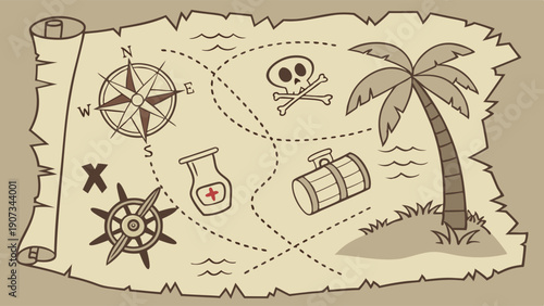 Pirate Treasure Map with Skull Crossbones Palm Tree Compass Ship Wheel for Adventure Game Design Web Banner