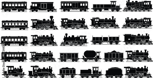 Vintage train car silhouettes set, steam locomotive artwork, railway transportation illustration, historical rail design, freight passenger tanker graphic concept