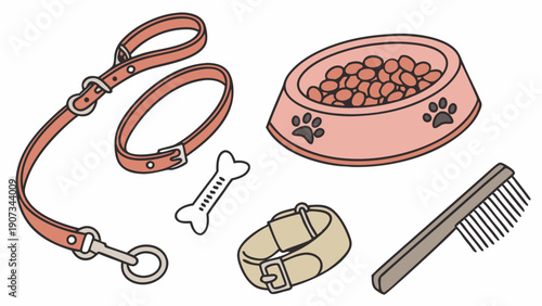 Pet Care Essentials Flat Lay for Grooming Supplies and Dog Food for Veterinary Website Design or Pet Store Advertising