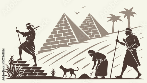Ancient Egyptian Workers Building Pyramids Farming Nile Valley Landscape Historical Illustration for History Education and Travel Promotion
