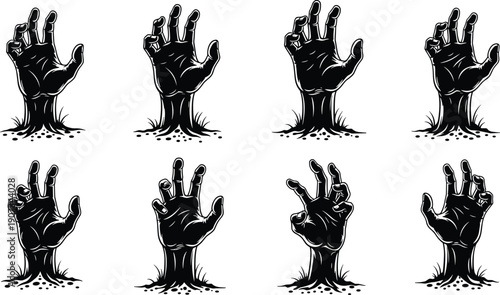 Zombie hands silhouettes rising from ground, spooky Halloween artwork, undead horror illustration, creepy graveyard design, scary graphic element, eerie fantasy concept