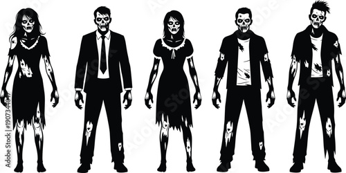 Zombie silhouettes standing in row, undead horror characters, creepy Halloween artwork, scary figure illustration, eerie graphic design, spooky fantasy concept