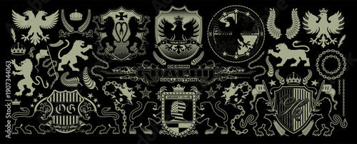 Streetwear heraldic graphic collection with vintage medieval shields and beasts. Vector big set