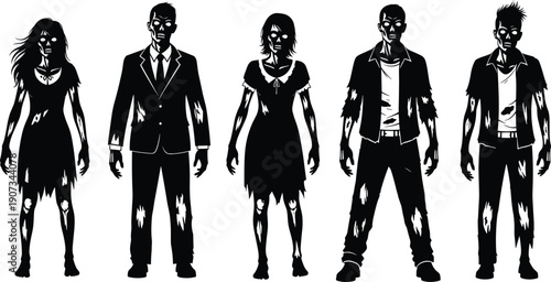 Zombie silhouettes standing together, eerie undead figures, horror artwork design, creepy Halloween illustration, scary character collection, spooky graphic element, fantasy concept