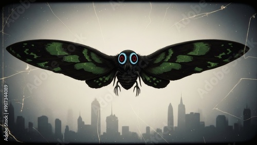 Moth Flying Over City Skyline at Night.