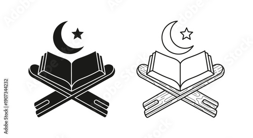 Vector black and outline Quran book on rehal stand with crescent moon and star icon set, isolated on white