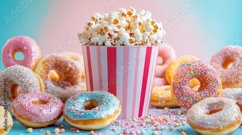 Popcorn bucket surrounded by assorted donuts.