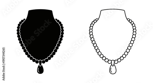 Black silhouette and outline vector icon of pearl necklace on jewelry display stand, isolated on white