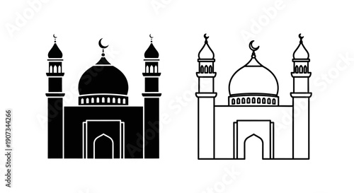 Black silhouette and outline vector mosque icon set with dome and minarets, Islamic worship building symbol isolated on white