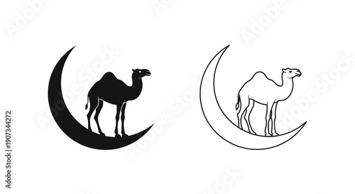 Black camel silhouette and outline standing on crescent moon vector icon set, isolated on white
