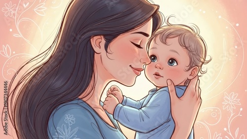 Mother Tenderly Kissing Her Sleeping Baby.