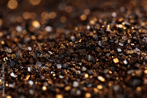 Macro photograph of brown and black glitter creating an abstract shimmering background