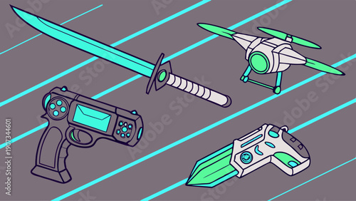 Futuristic Gaming Weapons and Drone Tech for Cyberpunk Game UI Design Assets and Sci-Fi App Interface Backgrounds
