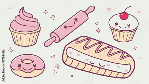 Kawaii Pink Bakery Sweets Icons for Cute Cafe Menu Design Web Graphics Delightful Pastry Illustration