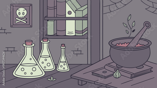 Alchemist Lab Setup with Poison Skull Sign and Brewing Potions for Occult or Herbal Medicine Design Projects