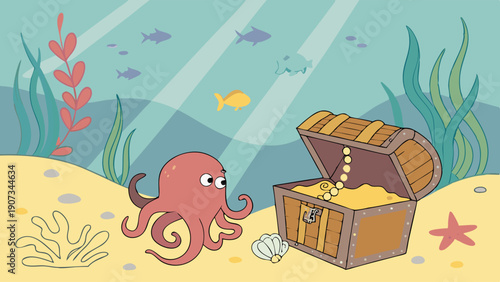 Cute Octopus Discovering Open Treasure Chest Full of Gold Coins Underwater for Kids Education Design