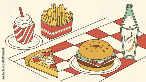 Retro Diner Food Spread Pizza Burger Fries Milkshake for Restaurant Menu Design or Nostalgic Advertisement