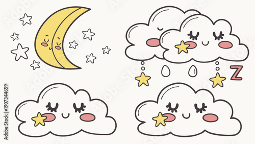 Cute Sleeping Cloud Moon Stars Night Sky Elements for Nursery Decor Kids App Design Sweet Dreams Illustration