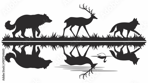 Wildlife Silhouette Reflection Design Bear Deer Wolf Nature Scene for Outdoor Adventure Eco Tourism Branding and Conservation Projects