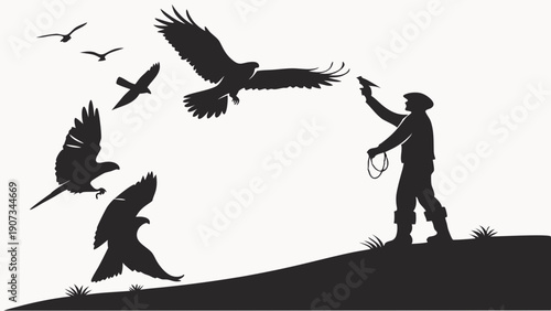 Falconry Trainer Silhouetted on Hilltop Directing Majestic Eagles in Dynamic Outdoor Flight Training for Wildlife Conservation or Sport