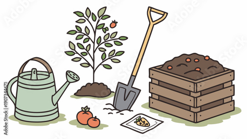 Gardening Supplies Illustration Watering Can Shovel Compost Bin Tomato Plant for Organic Farming Web Banners Seasonal Home Projects