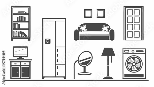 Vector Furniture and Home Appliance Icons for Interior Design Real Estate Web Graphics Cozy Living Room Setup