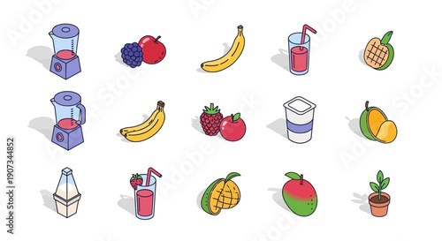 Healthy Food and Drink Icons Set Including Fruits, Smoothies, and Blender, Isolated White Background