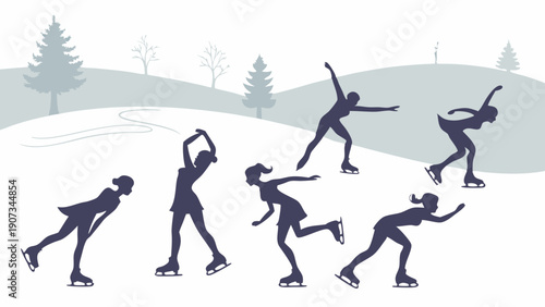 Silhouettes of Female Figure Skaters Performing Dynamic Jumps and Glides on Winter Ice Rink for Sports Advertising