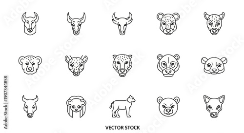 Diverse Animal Head Outline Icons Set Including Bull, Bear, Lion, and Fox, Isolated White Background