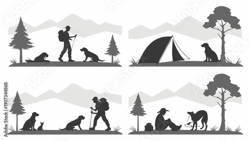 Silhouette Hiking Man with Dog Camping Adventure Outdoor Recreation Travel Companion Journey Vacation Icon Set