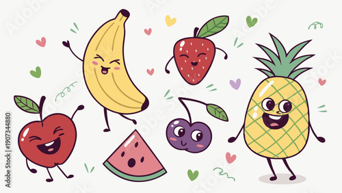 Cheerful Cartoon Fruit Characters Dancing for Healthy Eating Kids Food Education Fun Design