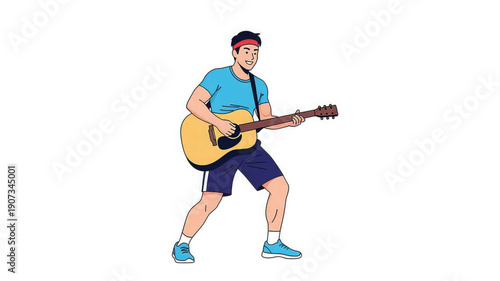 Young man playing acoustic guitar with energetic expression