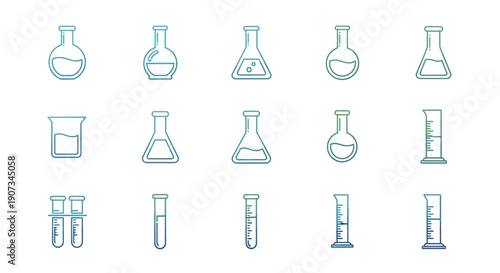 Chemistry Laboratory Glassware Icons Set, Science Research Equipment Symbols, Isolated White Background.